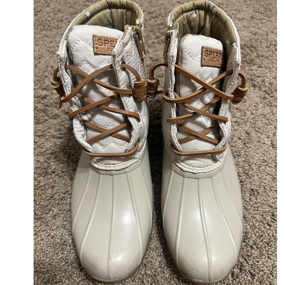 Sperry Saltwater Womens Quilted Duck Boots Ivory Beige Mallard Lining Gorpcore 8